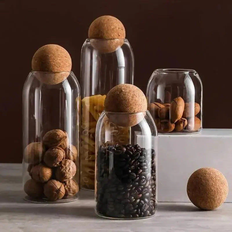 Glass jar with wood spherical cork stopper