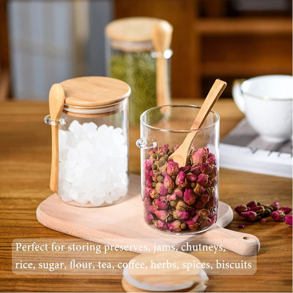 Glass Jars with Bamboo Lids and Spoons
