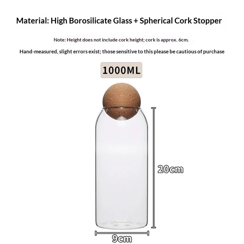 Hand-Blown Glass Storage Jar with Spherical Cork Stopper