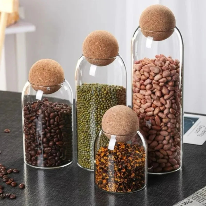 Hand-Blown Glass Storage Jar with Spherical Cork Stopper