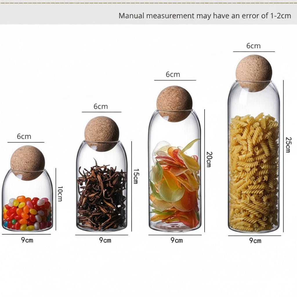 Hand-Blown Glass Storage Jar with Spherical Cork Stopper