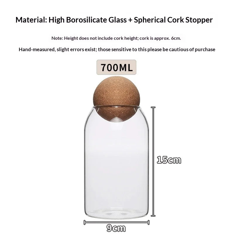Hand-Blown Glass Storage Jar with Spherical Cork Stopper