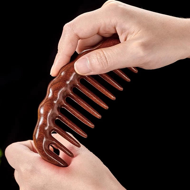 Natural Sandalwood Wide-Tooth Detangling Comb | Anti-Static Scalp Massager