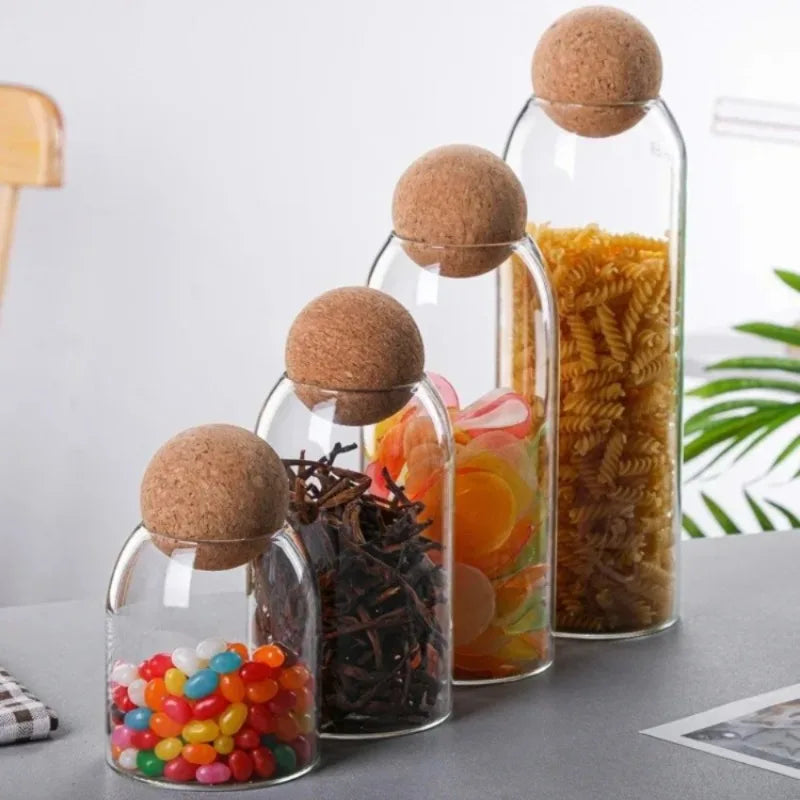 Hand-Blown Glass Storage Jar with Spherical Cork Stopper