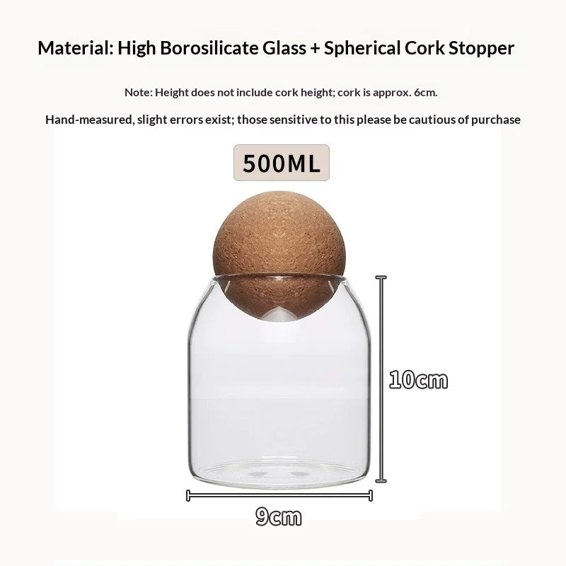 Hand-Blown Glass Storage Jar with Spherical Cork Stopper