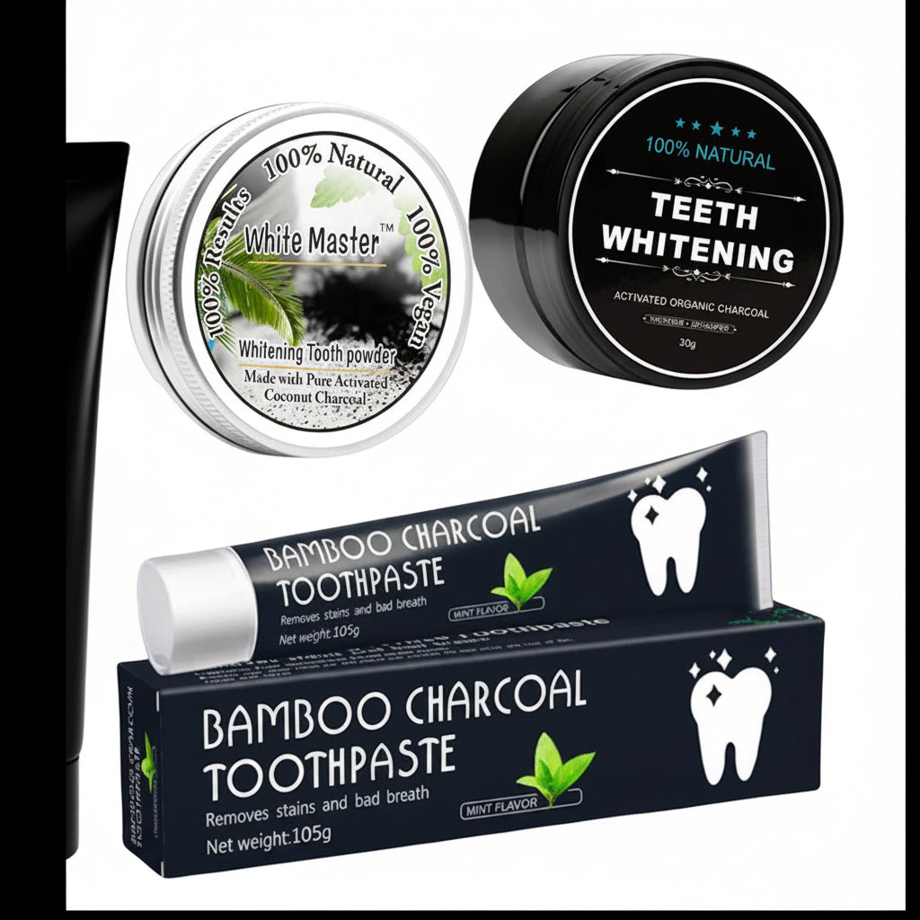 Collection of bamboo charcoal toothpaste and powder products on a white background