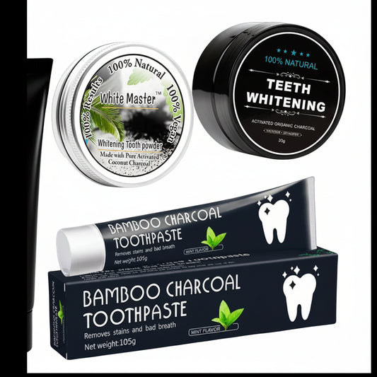 Collection of bamboo charcoal toothpaste and powder products on a white background